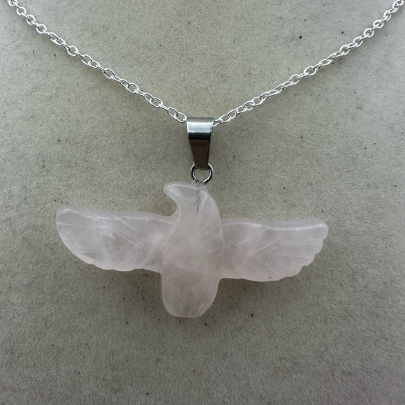 Rose Quartz Eagle Pendant Necklace on Silver Plated Box Chain - Picture 2 of 5